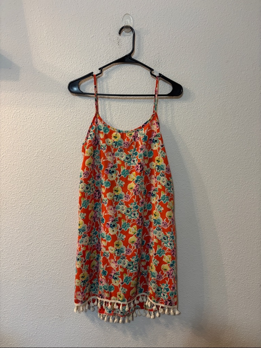 Green Pea Bright Floral Tassel Hem Summer Slip Dress - Orange Floral